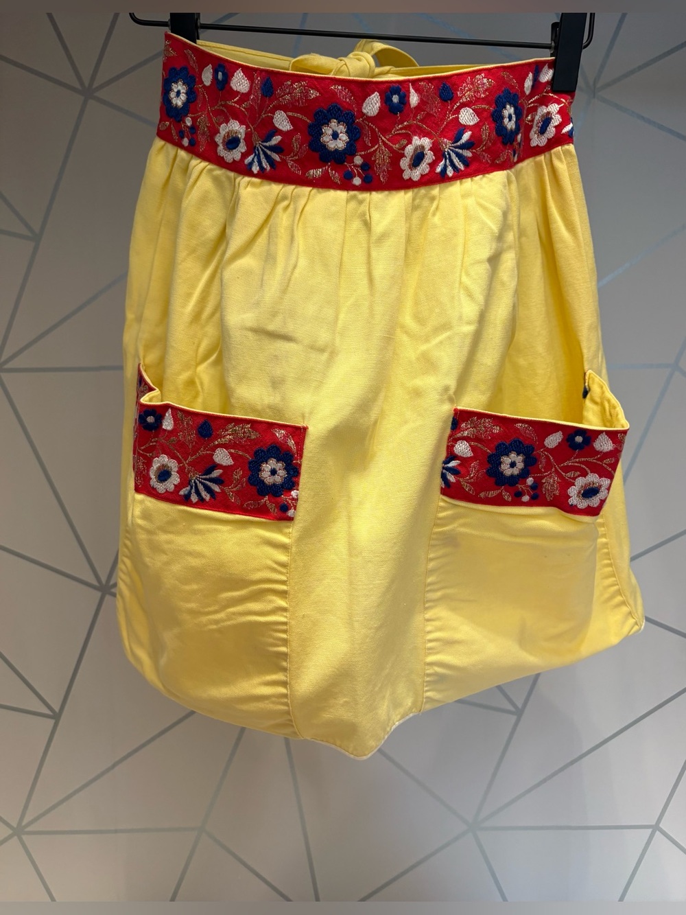 Vintage Handmade Yellow Half Apron Red Embroidered Floral Trim 2 Pocket Hostess